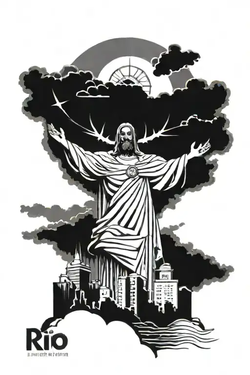 The sun behind the statue of Jesus in Rio and the tall buildings of the city below at the end of that statue tattoo design idea