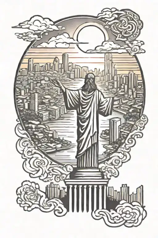 The sun behind the statue of Jesus in Rio and the tall buildings of the city below at the end of that statue tattoo design idea