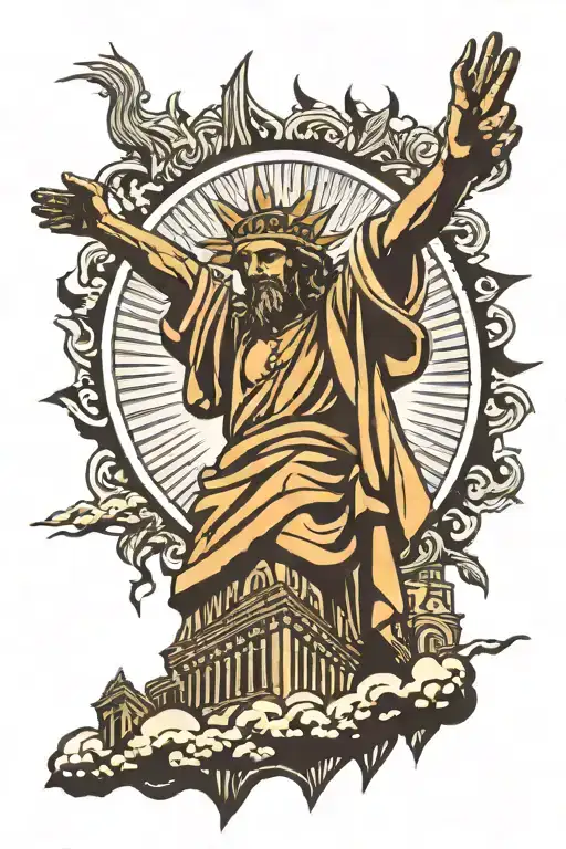 The sun behind the statue of Jesus of Rio and the tall buildings of the city at the bottom of the statue tattoo design idea