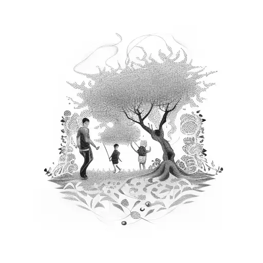 Design a tattoo of a father and daughter walking through a vine-covered forest, representing the everlasting bond between them tattoo design idea