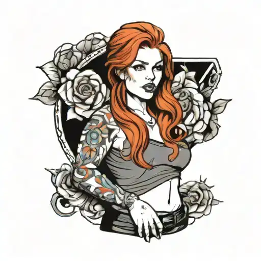 curvy redhead wearing only a tshirt  tattoo design idea