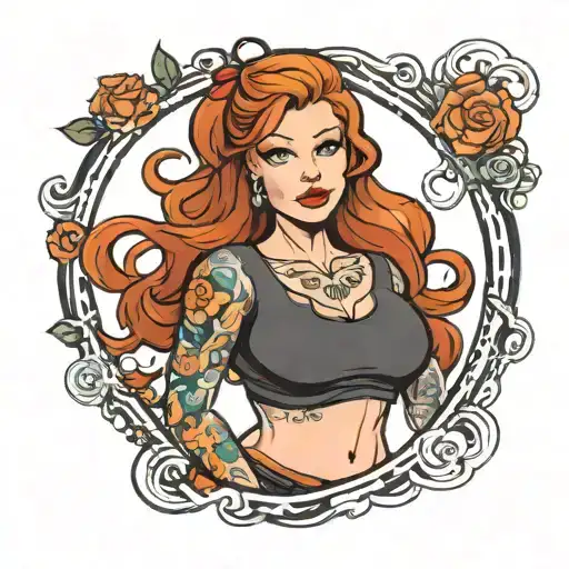 curvy cutr  redhead cartoon  wearing only a tshirt  tattoo design idea