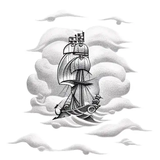 pirate ship with giant squid and treasure chest and thunderstorm tattoo design idea