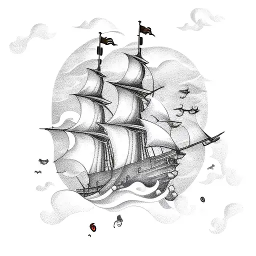 pirate ship with giant squid and treasure chest and thunderstorm tattoo design idea