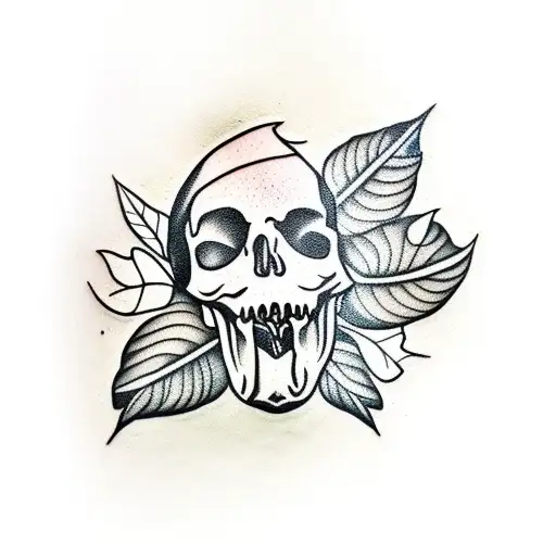 monstera leaves in gothic style and a skull tattoo design idea