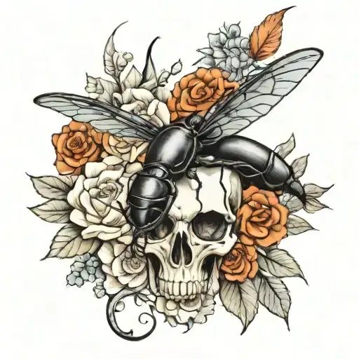 stag beetle and crow skull with flowers tattoo design idea