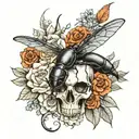 stag beetle and crow skull with flowers tattoo design idea