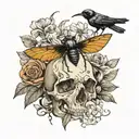 stag beetle and crow skull with flowers tattoo design idea