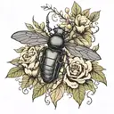 stag beetle and crow skull with flowers tattoo design idea