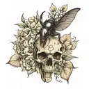 stag beetle and crow skull with flowers tattoo design idea