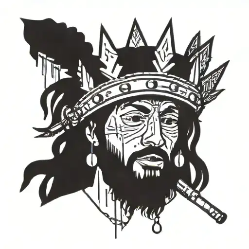A portrait of Jesus wearing a Basquiat crown, holding a gun in one hand, with a microphone in the other hand, symbolizing the power of words and music tattoo design idea