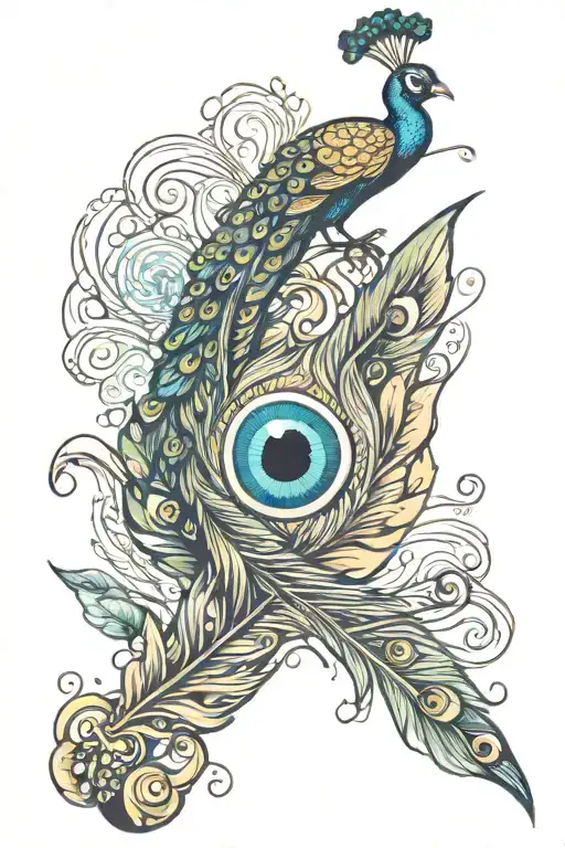 flute with peacock feather tattoo design idea