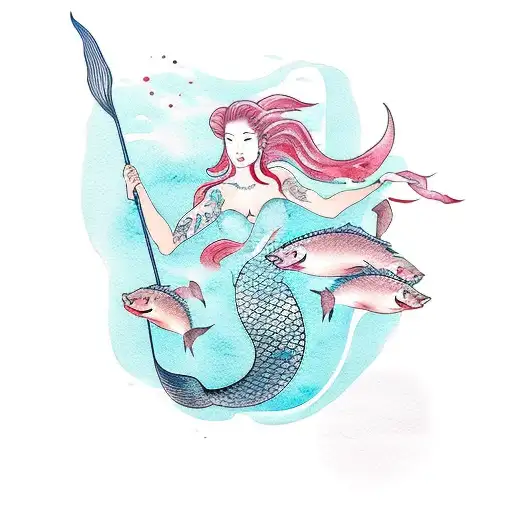 A graceful mermaid swimming with a school of catfish in a Japanese-inspired watercolor style tattoo design idea