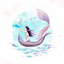 A graceful mermaid swimming with a school of catfish in a Japanese-inspired watercolor style tattoo design idea