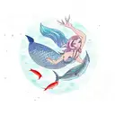 A graceful mermaid swimming with a school of catfish in a Japanese-inspired watercolor style tattoo design idea