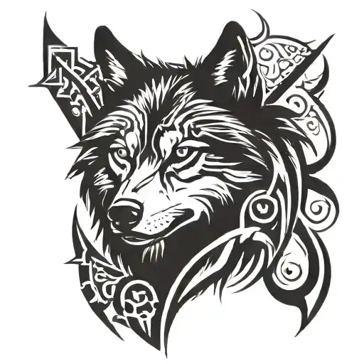 half wolf face and half compass tattoo design idea