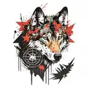 half wolf face and half compass tattoo design idea