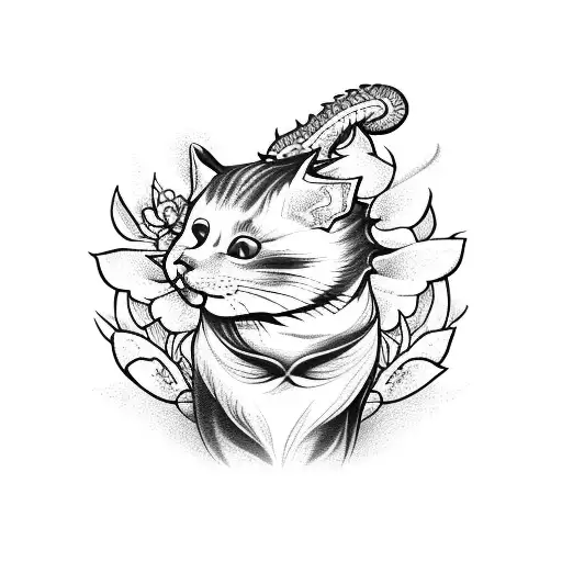 flowers, cat, rat, dragon, sakyant tattoo design idea