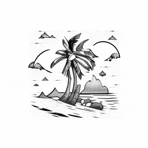 A serene beach scene with palm trees and crashing waves tattoo design idea