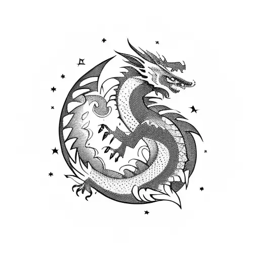 A mystical dragon emerging from the pages of an open book, with stars bursting out of it tattoo design idea