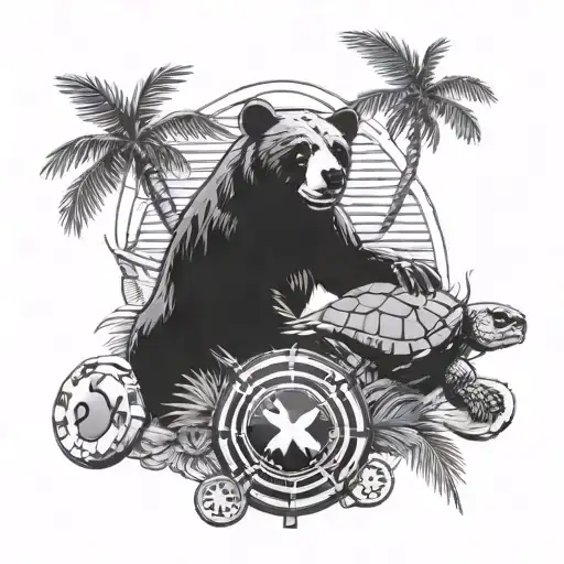 a collage of a bear, a us nickle, a palm tree, a sea turtle, a poker chip, and a pirate  tattoo design idea