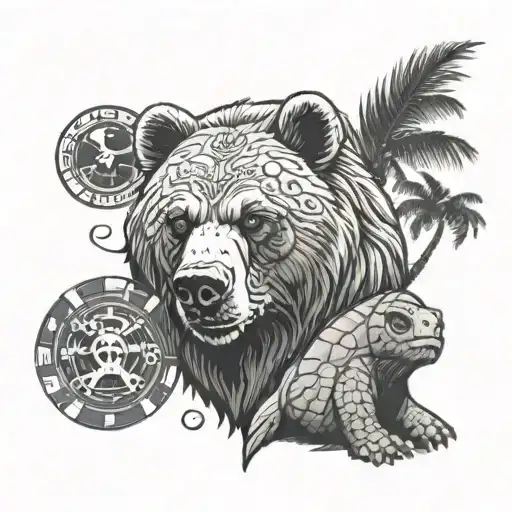 a collage of a bear, nickel, a palm tree, a sea turtle, a poker chip, and a pirate  tattoo design idea