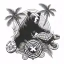 a collage of a bear, a us nickle, a palm tree, a sea turtle, a poker chip, and a pirate  tattoo design idea