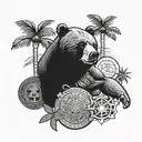 a collage of a bear, a us nickle, a palm tree, a sea turtle, a poker chip, and a pirate  tattoo design idea