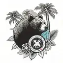 a collage of a bear, a us nickle, a palm tree, a sea turtle, a poker chip, and a pirate  tattoo design idea