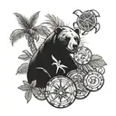 a collage of a bear, a us nickle, a palm tree, a sea turtle, a poker chip, and a pirate  tattoo design idea