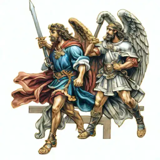 Design a detailed portrait of Saint Michael and Saint Andrew in a dynamic pose tattoo design idea