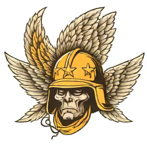 A traditional army helmet adorned with angelic wings, symbolizing protection and courage tattoo design idea