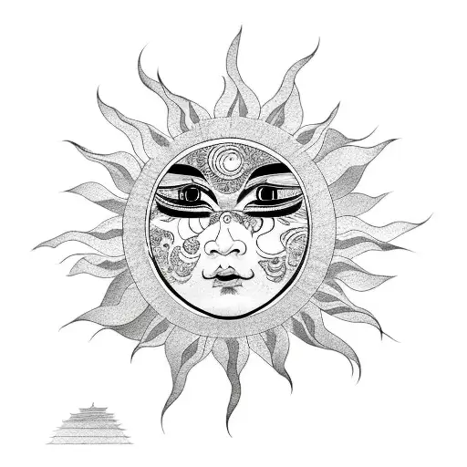 sun with kabuki face tattoo design idea