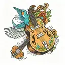 A dobro guitar with hummingbird wings as sound holes tattoo design idea