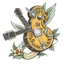 A dobro guitar with hummingbird wings as sound holes tattoo design idea