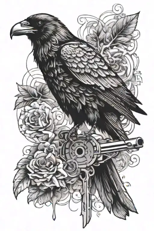 A tattoo featuring a raven holding a smoking gun, symbolizing the duality of war and peace tattoo design idea