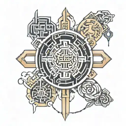 A geometric design incorporating elements of technology and submission grappling symbols tattoo design idea