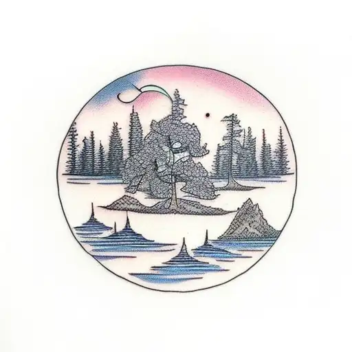 A minimalist tattoo of a serene lake surrounded by wind-blown trees tattoo design idea