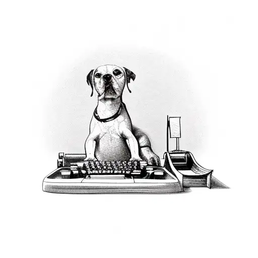 A writer's desk with a dog sitting on a typewriter tattoo design idea