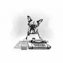A writer's desk with a dog sitting on a typewriter tattoo design idea