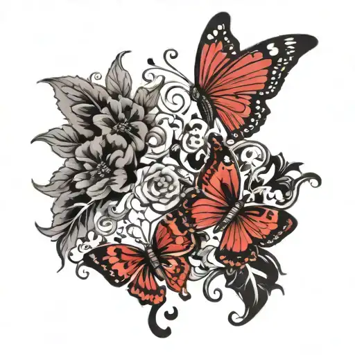 a design with red butterflies and black flowers. i want it to flow up the flowers vines. tattoo design idea