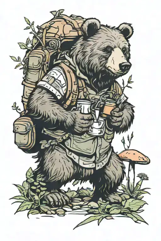 grizzle bear, wearing hiking gear, foraging for mushrooms  tattoo design idea