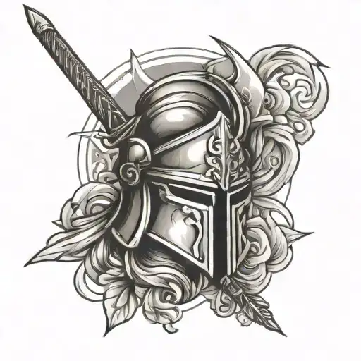 spartan helmet and sword black and white tattoo design idea