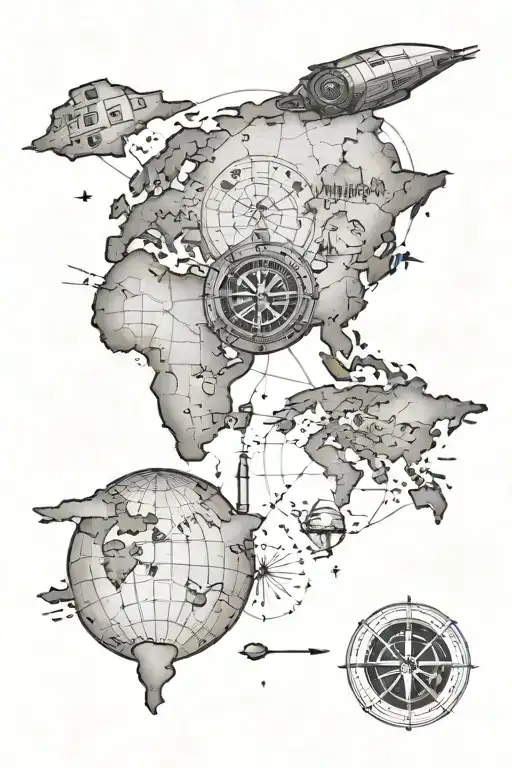World map atlas with a small compass and star wars republic symbol tattoo design idea