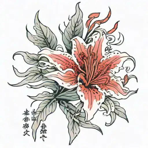 Red spider Lilly flower with Japanese writing poetry tattoo design idea