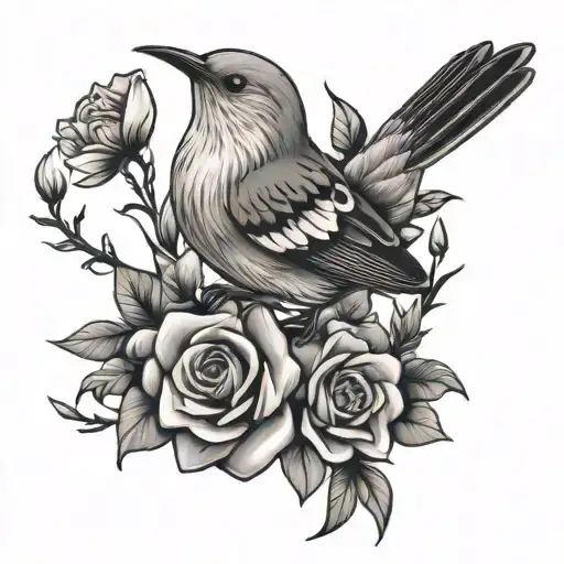 mockingbird with flower accents  tattoo design idea
