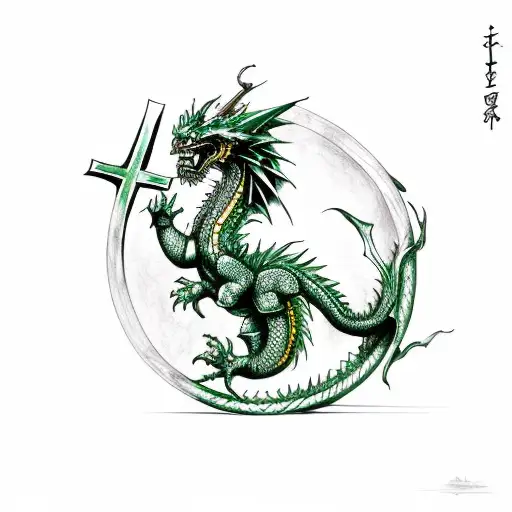 green and gold Dragon holding a cross  tattoo design idea