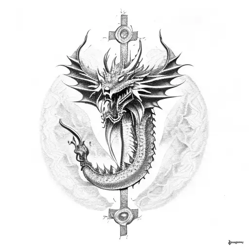 green and gold Dragon holding a cross  tattoo design idea