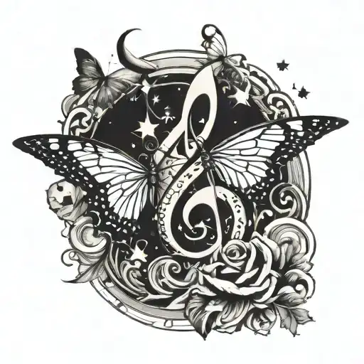 A tattoo design featuring a musical note intertwined with a butterfly, set against a backdrop of a moon and stars tattoo design idea