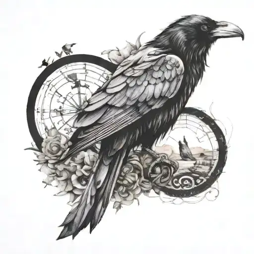 A raven perched on a farmer's shoulder, surrounded by symbols of death and life tattoo design idea